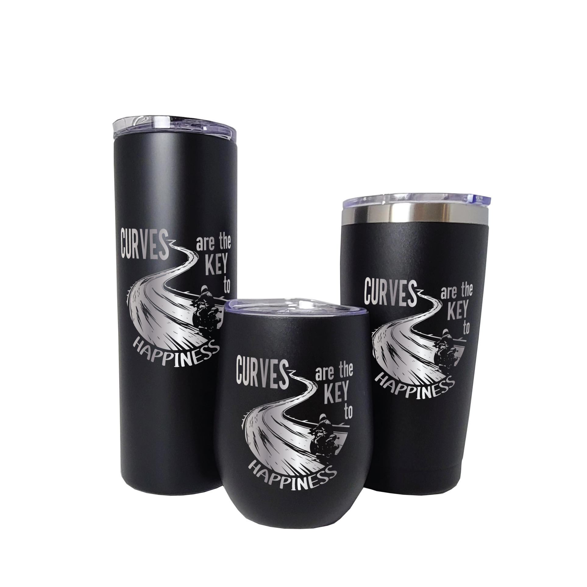 Photo showing three sizes of available tumblers, each featuring a laser-engraved motorcycle cruising along a curvy road with the words 'Curves are the key to happiness'. The tumblers are displayed forward-facing, showcasing their varying sizes for easy comparison.